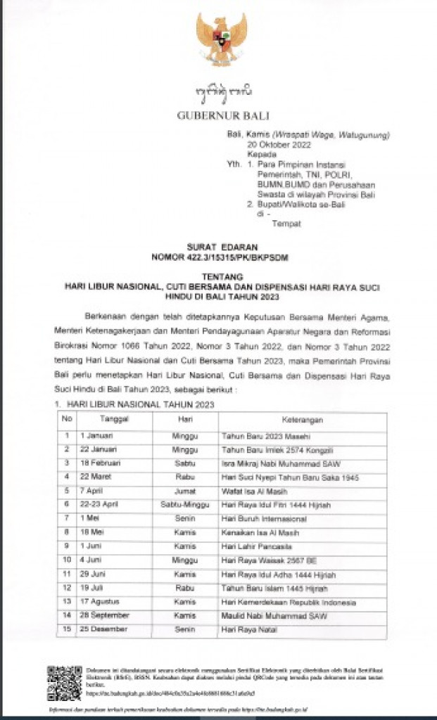 SE HARI LIBUR NASIONAL, CUTI BERSAMA DAN DISPENSASI HARI RAYA SUCI HINDU DI BALI TAHUN 2023